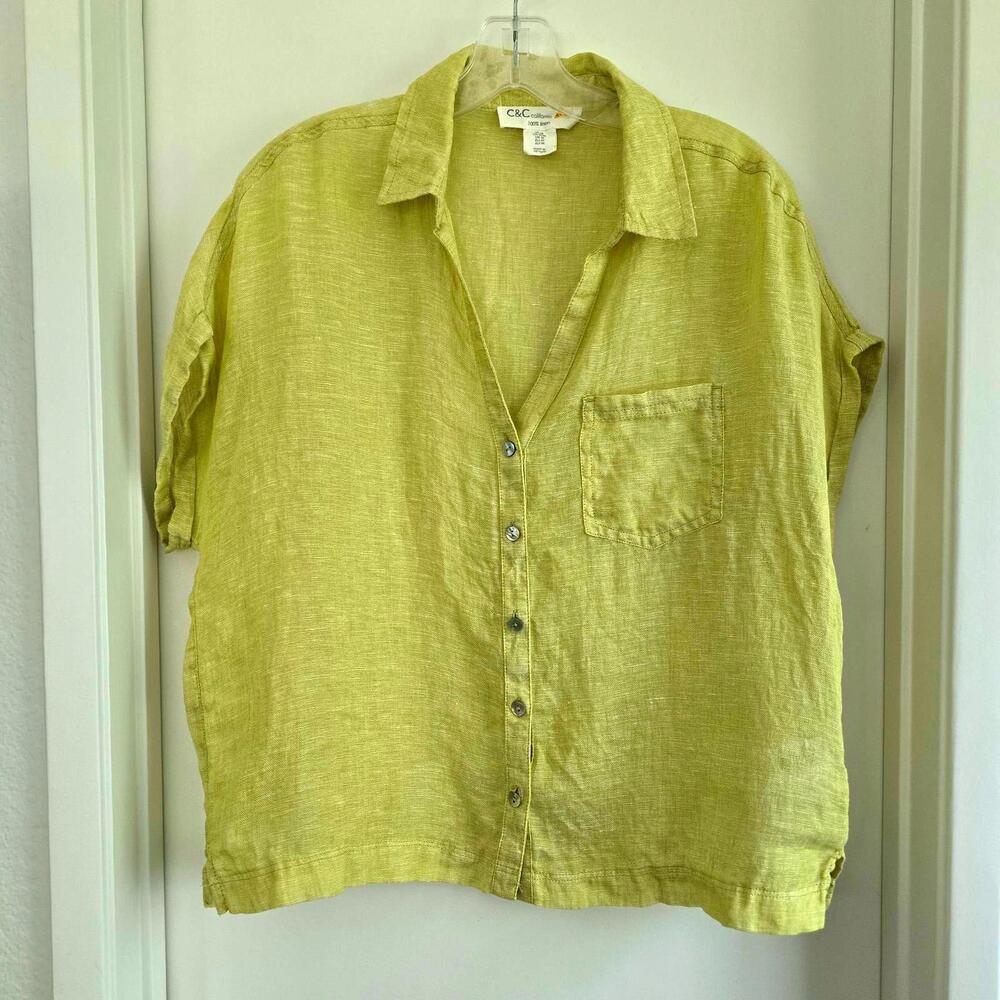 C&C CALIFORNIA - Yellow 100% Linen Short Sleeve Blouse, Size Med.